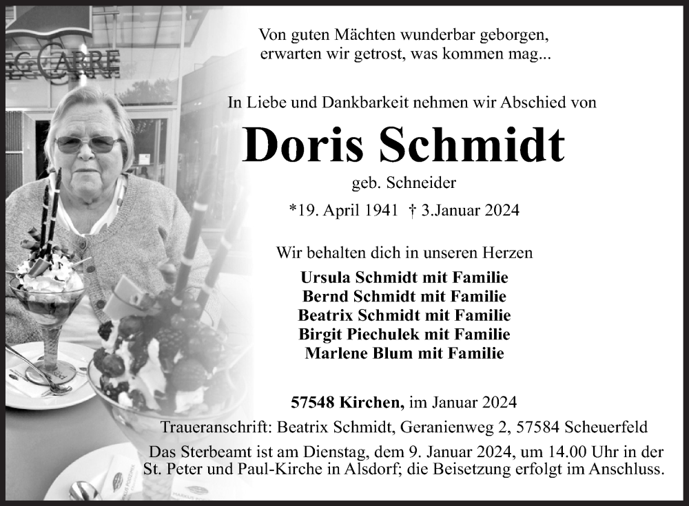  Traueranzeige für Doris Schmidt vom 06.01.2024 aus Siegener Zeitung