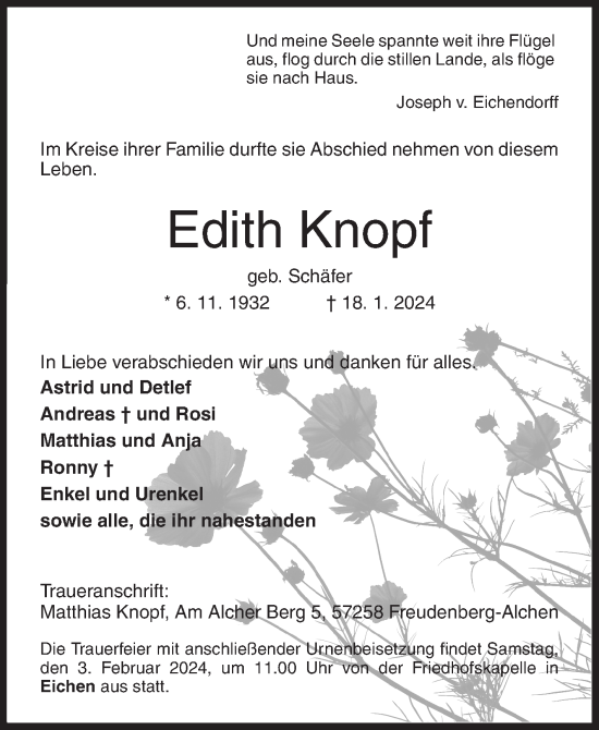 Traueranzeige von Edith Knopf von Siegener Zeitung