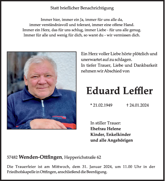 Traueranzeige von Eduard Leffler von Siegener Zeitung