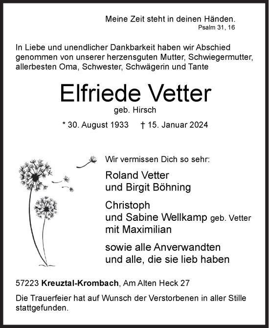 Traueranzeige von Elfriede Vetter von Siegener Zeitung