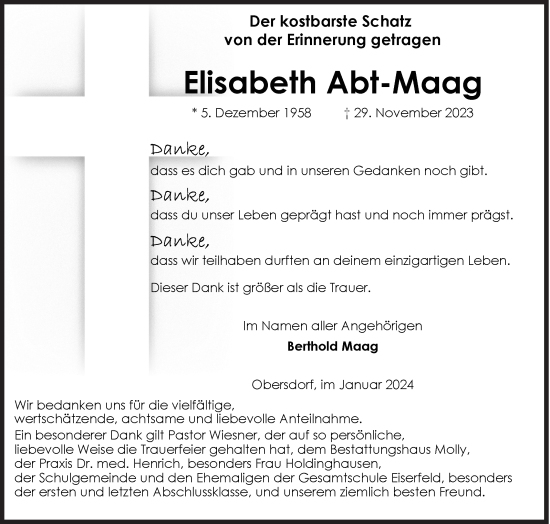 Traueranzeige von Elisabeth Abt-Maag von Siegener Zeitung