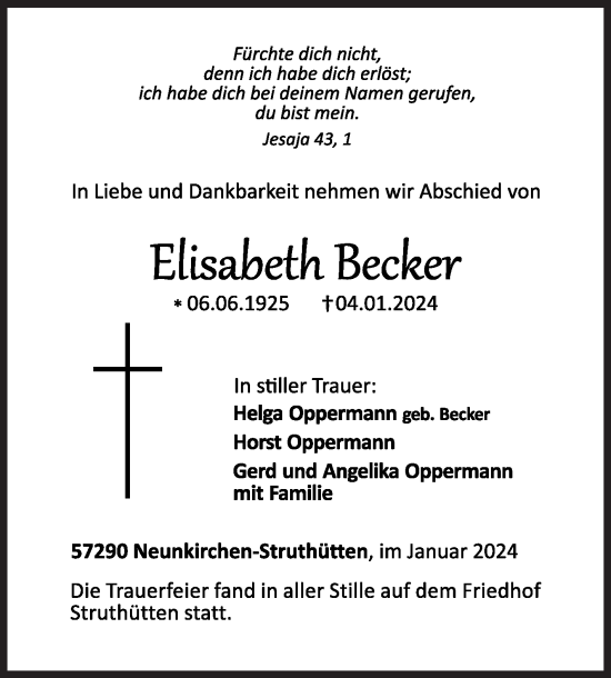 Traueranzeige von Elisabeth Becker von Siegener Zeitung