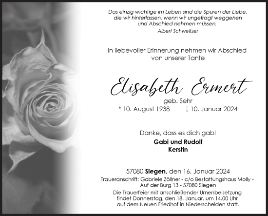 Traueranzeige von Elisabeth Ermert von Siegener Zeitung