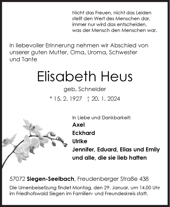 Traueranzeige von Elisabeth Heus von Siegener Zeitung