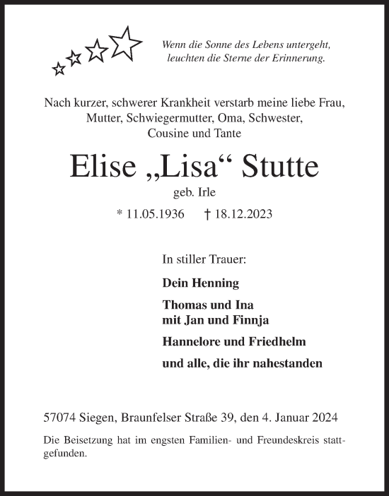 Traueranzeige von Elise Stutte von Siegener Zeitung