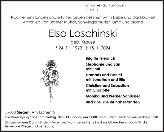 Traueranzeige von Else Laschinski von Siegener Zeitung