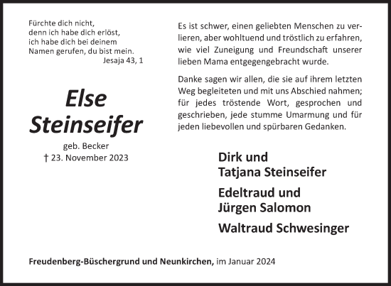 Traueranzeige von Else Steinseifer von Siegener Zeitung
