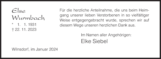 Traueranzeige von Else Wurmbach von Siegener Zeitung