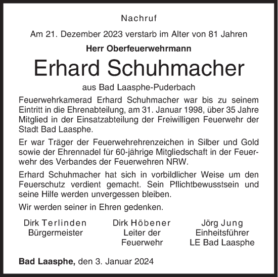 Traueranzeige von Erhard Schuhmacher von Siegener Zeitung