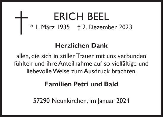Traueranzeige von Erich Beel von Siegener Zeitung