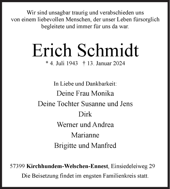 Traueranzeige von Erich Schmidt von Siegener Zeitung