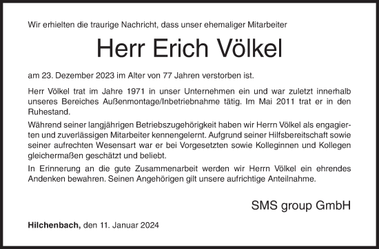 Traueranzeige von Erich Völkel von Siegener Zeitung