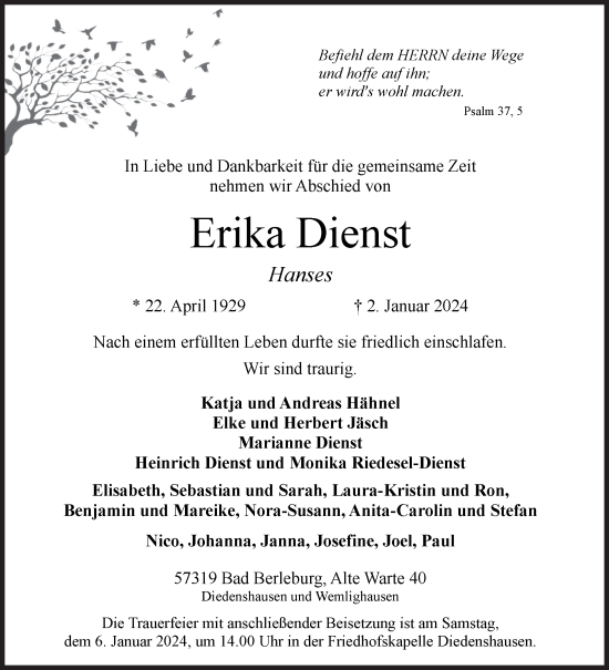 Traueranzeige von Erika Dienst von Siegener Zeitung