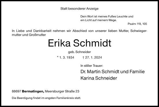 Traueranzeige von Erika Schmidt von Siegener Zeitung