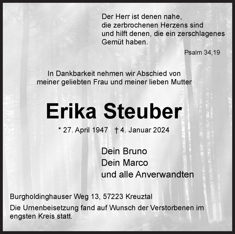  Traueranzeige für Erika Steuber vom 17.01.2024 aus Siegener Zeitung