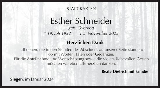 Traueranzeige von Esther Schneider von Siegener Zeitung