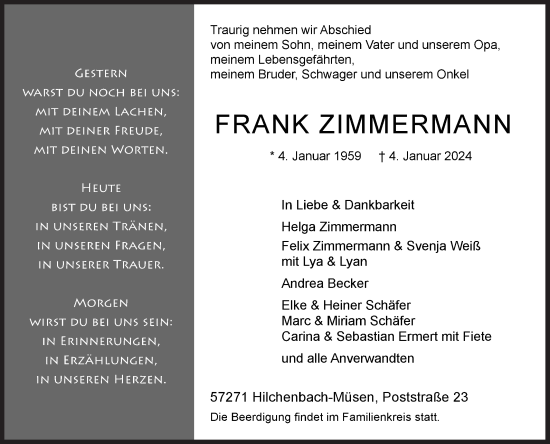 Traueranzeige von Frank Zimmermann von Siegener Zeitung