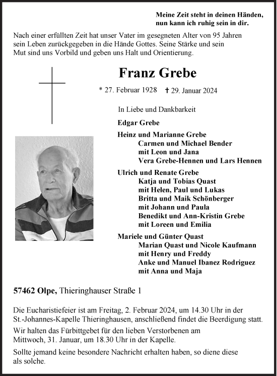 Traueranzeige von Franz Grebe von Siegener Zeitung