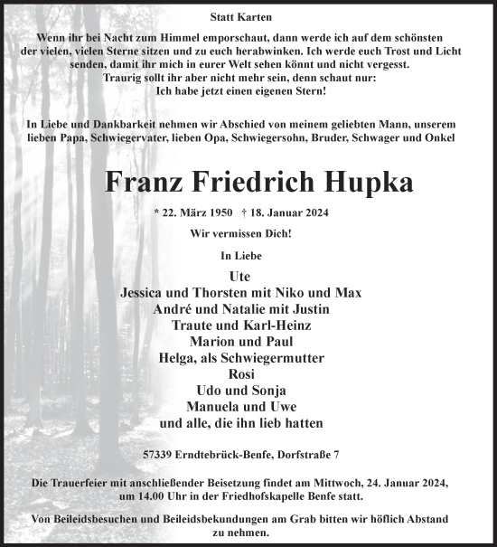 Traueranzeige von Franz Friedrich Hupka von Siegener Zeitung
