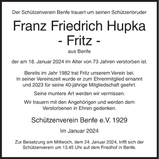 Traueranzeige von Franz Friedrich Hupka von Siegener Zeitung
