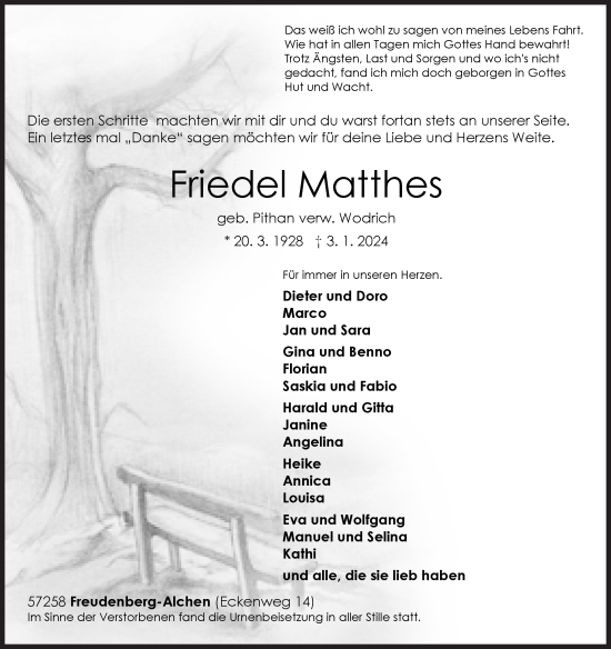Traueranzeige von Friedel Matthes von Siegener Zeitung