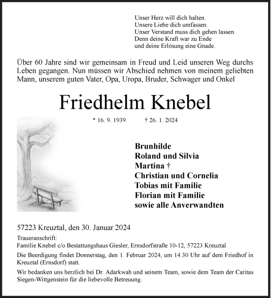 Traueranzeige von Friedhelm Knebel von Siegener Zeitung