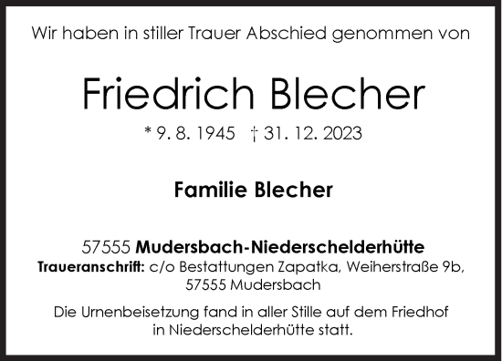 Traueranzeige von Friedrich Blecher von Siegener Zeitung