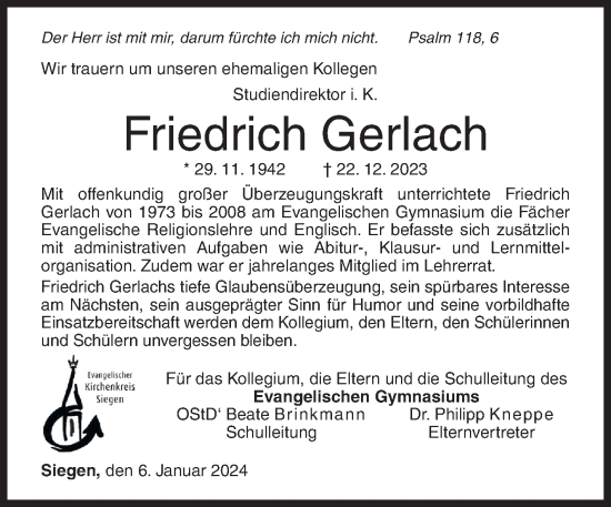 Traueranzeige von Friedrich Gerlach von Siegener Zeitung