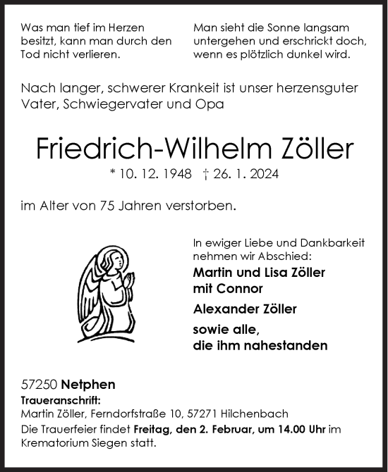 Traueranzeige von Friedrich-Wilhelm Zöller von Siegener Zeitung