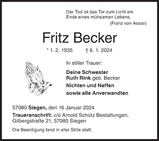 Traueranzeige von Fritz Becker von Siegener Zeitung