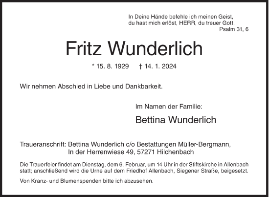Traueranzeige von Fritz Wunderlich von Siegener Zeitung