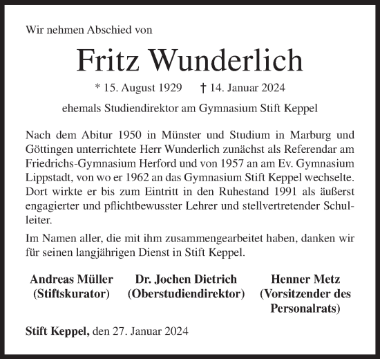 Traueranzeige von Fritz Wunderlich von Siegener Zeitung