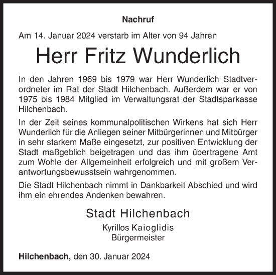 Traueranzeige von Fritz Wunderlich von Siegener Zeitung