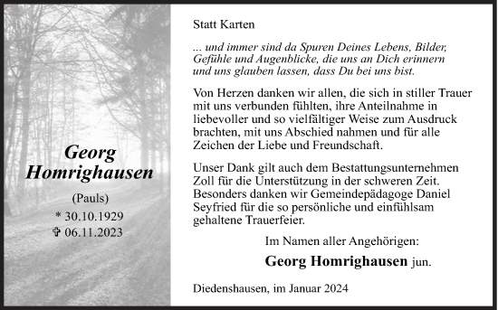 Traueranzeige von Georg Homrighausen von Siegener Zeitung
