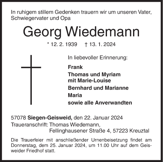 Traueranzeige von Georg Wiedemann von Siegener Zeitung