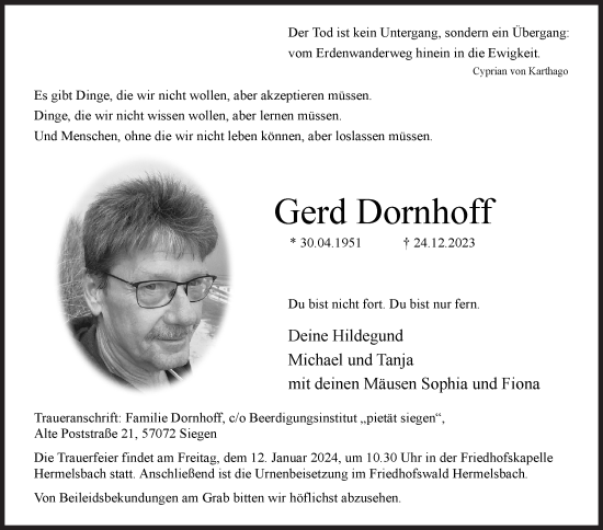 Traueranzeige von Gerd Dornhoff von Siegener Zeitung