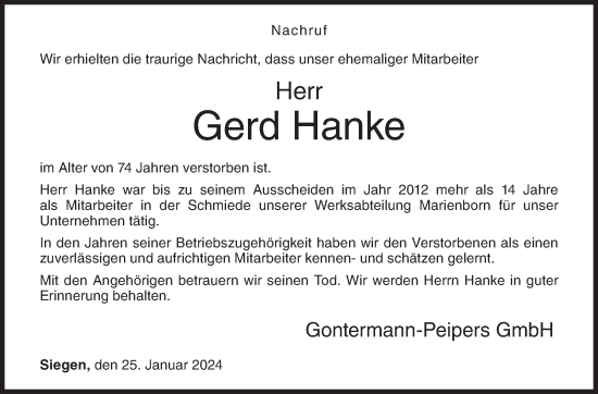Traueranzeige von Gerd Hanke von Siegener Zeitung