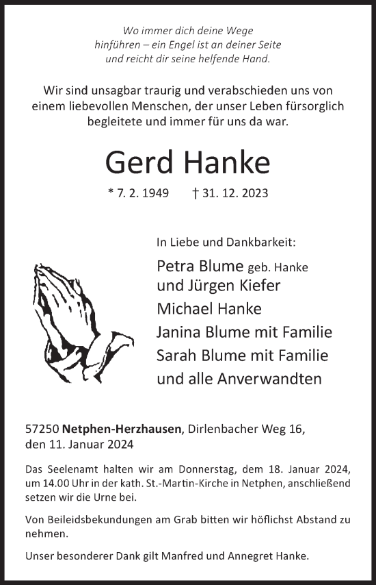 Traueranzeige von Gerd Hanke von Siegener Zeitung