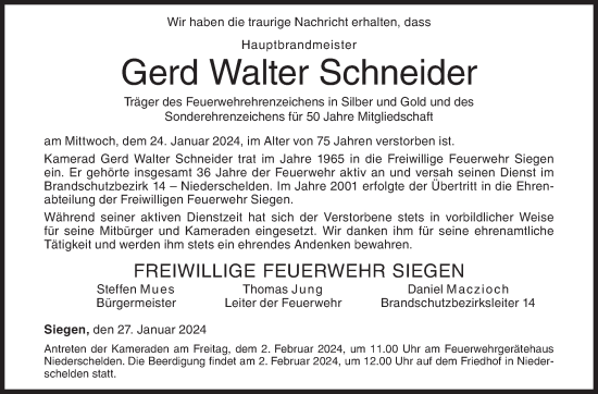 Traueranzeige von Gerd Walter Schneider von Siegener Zeitung