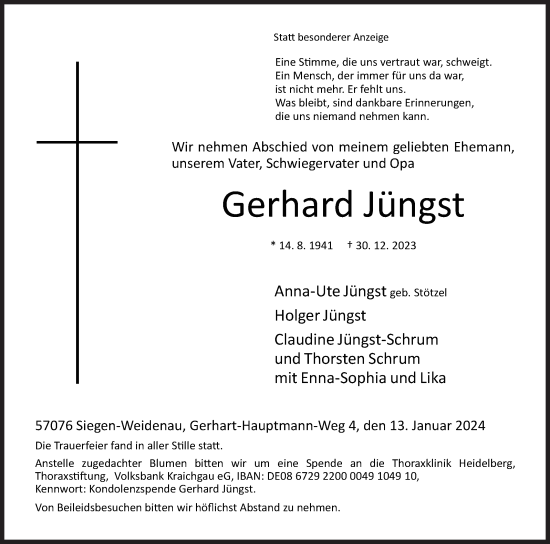 Traueranzeige von Gerhard Jüngst von Siegener Zeitung