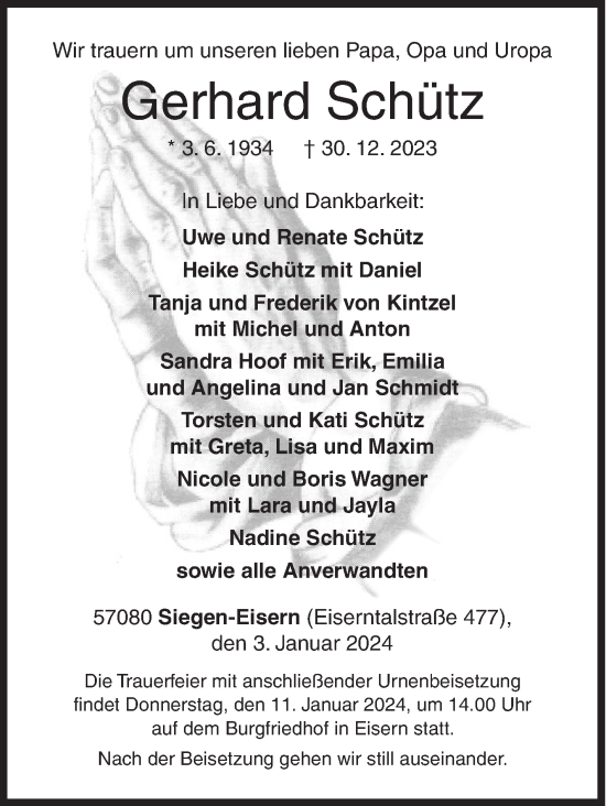 Traueranzeige von Gerhard Schütz von Siegener Zeitung
