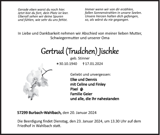 Traueranzeige von Gertrud Jischke von Siegener Zeitung