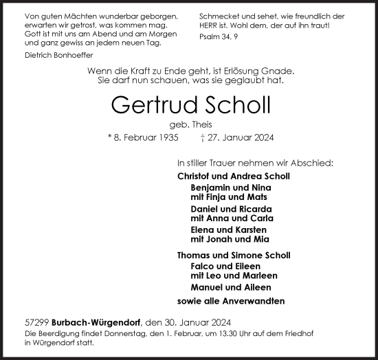 Traueranzeige von Gertrud Scholl von Siegener Zeitung