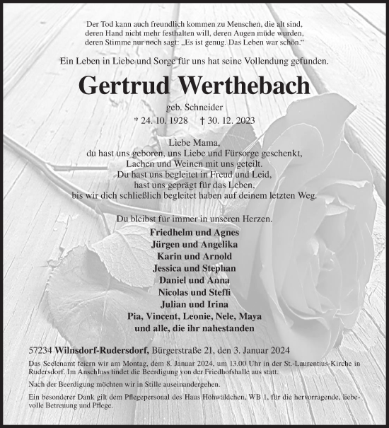 Traueranzeige von Gertrud Werthebach von Siegener Zeitung