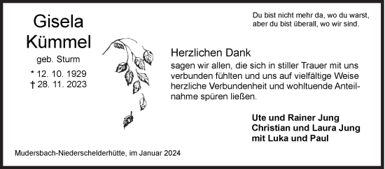 Traueranzeige von Gisela Kümmel von Siegener Zeitung