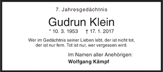 Traueranzeige von Gudrun Klein von Siegener Zeitung