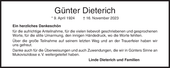 Traueranzeige von Günter Dieterich von Siegener Zeitung