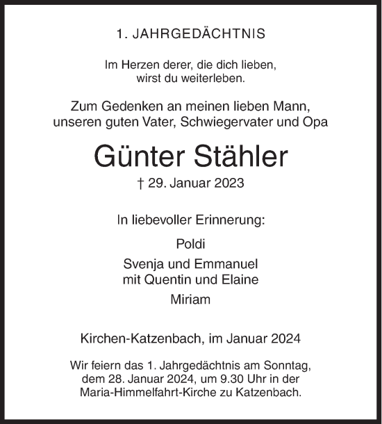 Traueranzeige von Günter Stähler von Siegener Zeitung