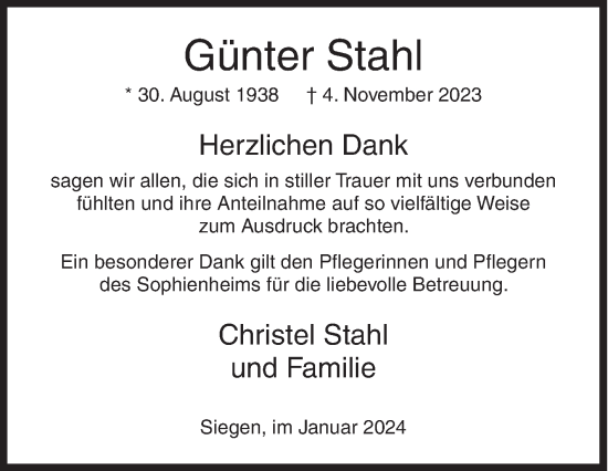 Traueranzeige von Günter Stahl von Siegener Zeitung