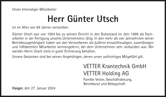 Traueranzeige von Günter Utsch von Siegener Zeitung